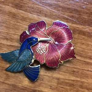 Crown Jewelry Cloissonne Enamel Hummingbird Hibiscus Brooch Pin Signed